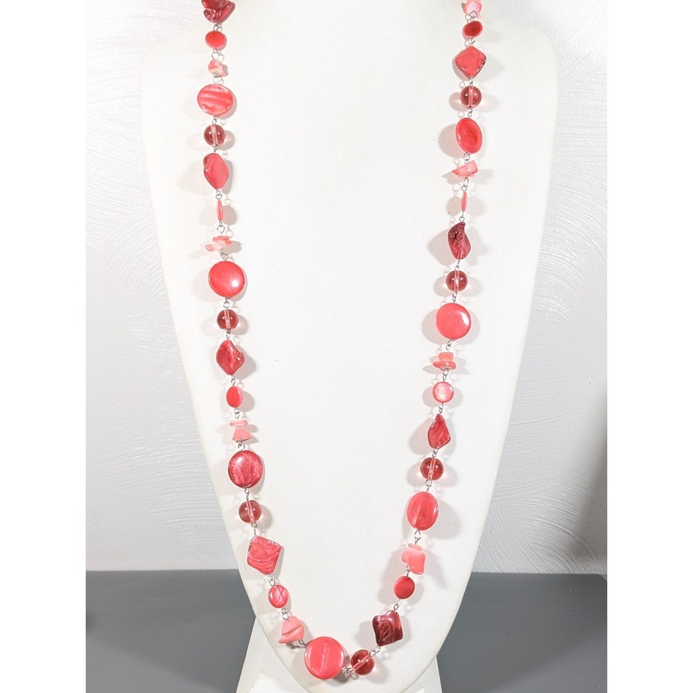 Pink Shell Disc Long Statement Necklace Boho Coastal Beach 42 in‎